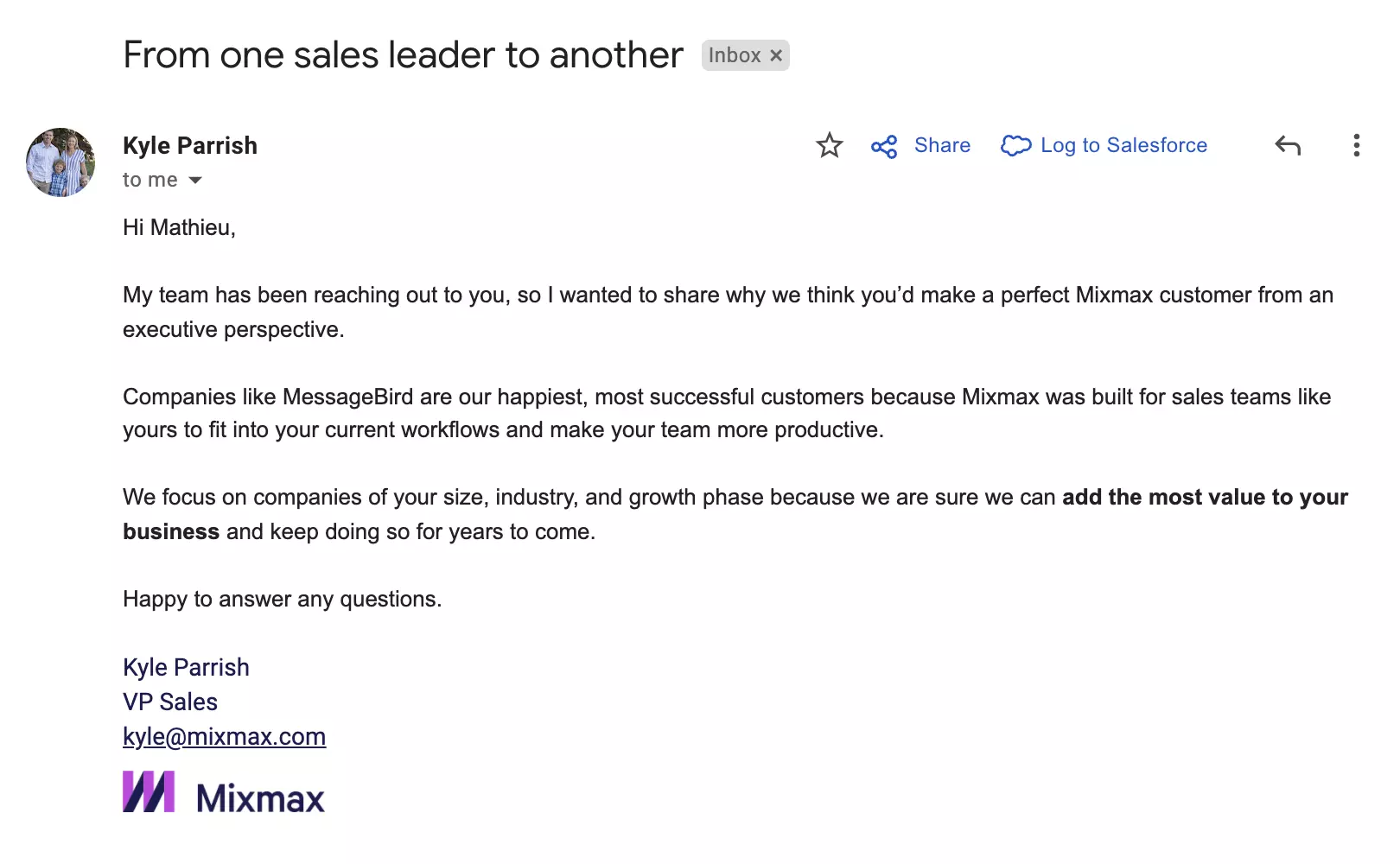 Example of a follow up email from the exec team in a prospecting sequence sent with Mixmax sales engagement platform